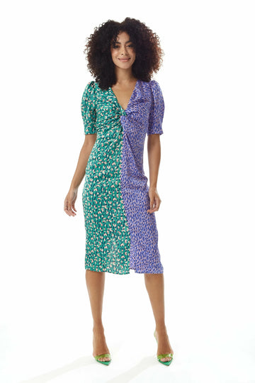 Green Purple Abstract Print Knot Front Midi Dress Liquorish